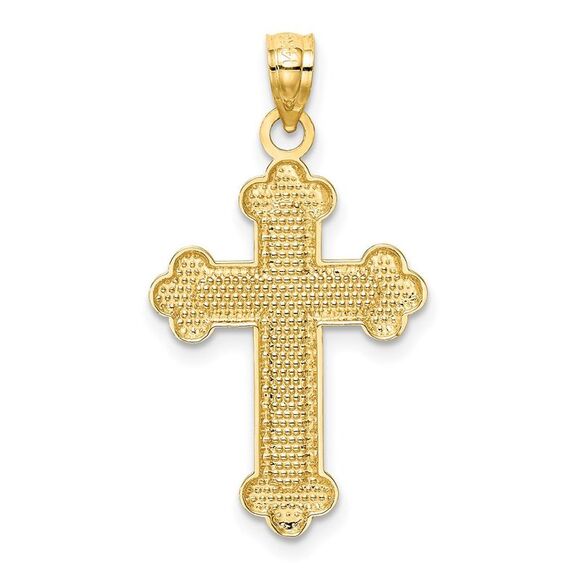 14k Yellow Gold Textured & Polished Budded Cross Pendant, 16 x 30mm